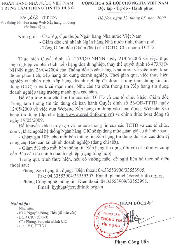 Thông báo đưa trang web Xếp hạng tín dụng vào hoạt động